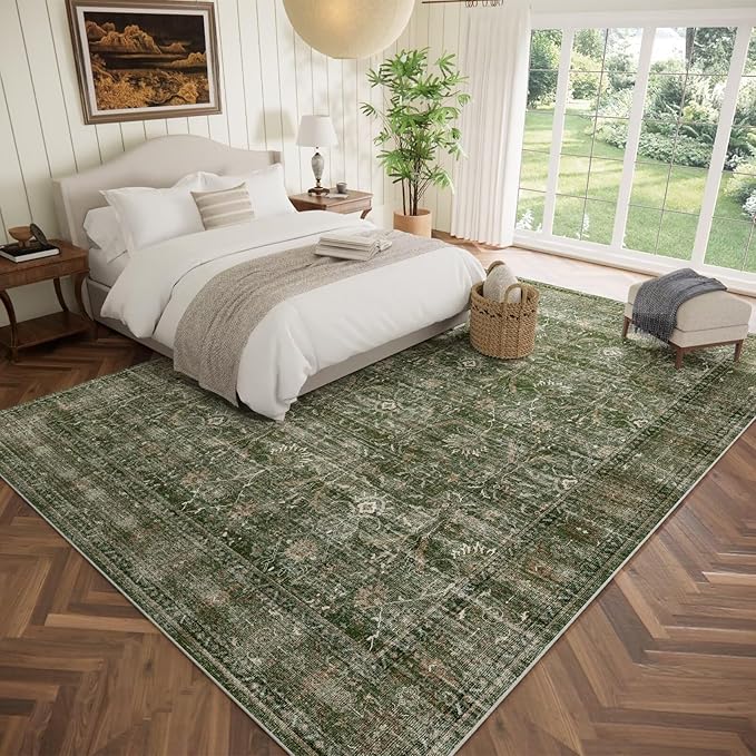 Washable 10x14 Area Rugs for Living Room, Boho Non-Slip Vintage Distress Large Rugs for Bedroom Dining Room Office, 0.3" Neutral Oriental Throw Thin Carpet, Grass Green/Multi