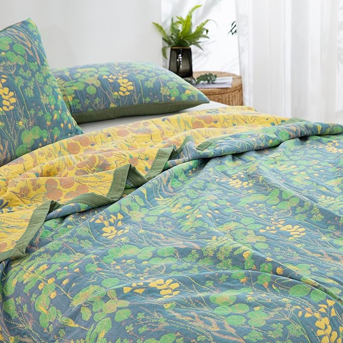 100% Cotton Muslin Botanical Blanket Jacquard Floral Plants Pattern Quilt, Soft Bed Cover Lightweight Breathable Gauzy Reversible Bedspread Coverlet Bedding Twin(59"x94"), No Pillow Sham