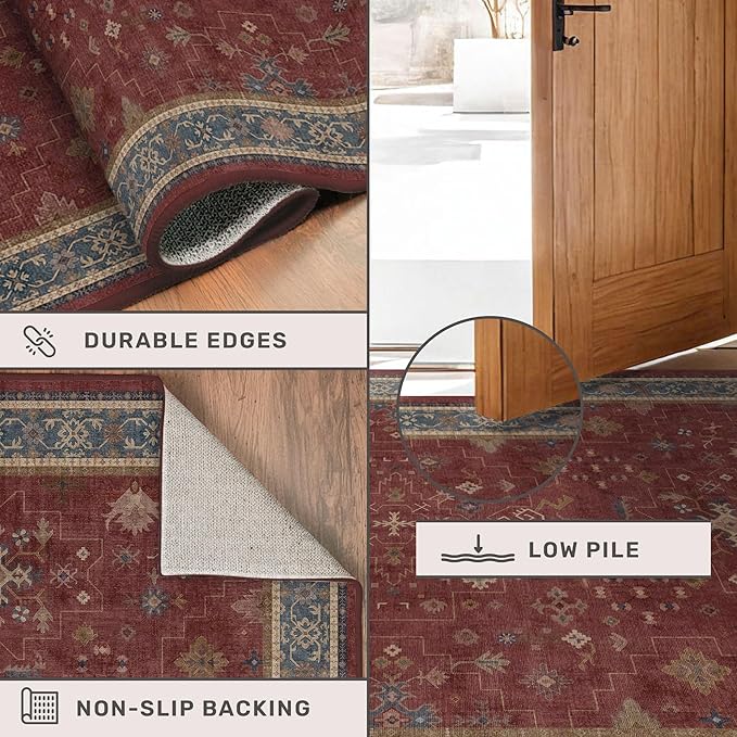 Oriental 7x10 Large Area Rugs for Bedroom Under Bed - Burgundy Rug for Living Room, Dining Room Under Kitchen Table, Washable Soft Non Slip Boho Indoor Décor