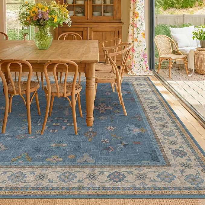 Boho 9x12 Soft Rugs for Living Room - Dark Blue Rugs for Bedroom Aesthetic, Dining Room Under Kitchen Table, Washable Soft Non Slip Large Area Eclectic Unique Décor