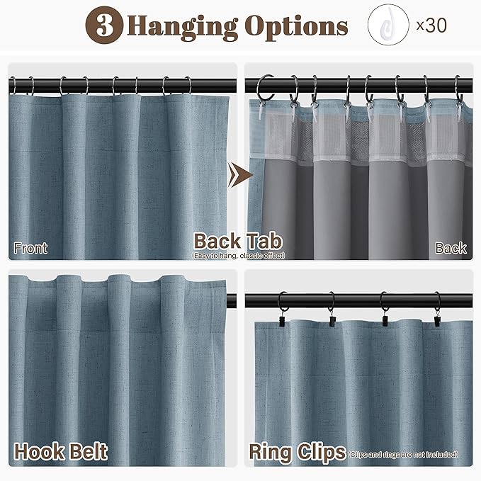Guken Blue Linen 100% Room Darkening Curtains 96 Inches Long Textured Farmhouse Back Tab Hook Belt Black Out Insulated Door Soundproof Living Room Bedroom Nursery 2 Panels Set 52x96 8Ft