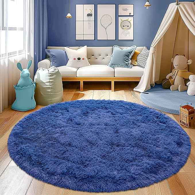 Round Fluffy Circle Rug - 6FT Navy Blue Super Soft Shaggy Plush Furry Carpet for Kids & Teens Room