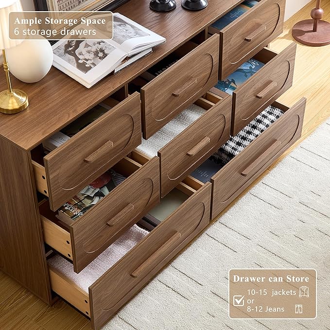 Walnut 8 Drawer Dresser for Bedroom, 54" Wide Dressers & Chests of Drawers w/Solid Wood Handle, Mid Century Dresser TV Stand w/Natural Texture for Bedroom, Living Room