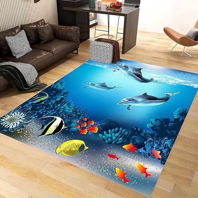 Sea Dolphin Indoor Area Mat, 5x6ft, Ocean Beach Coral Fish Bathroom Rug, Blue Ocean Theme Reduce Noise Home Decor Mat, Nursery Decor Washable Nonskid Carpet for Office Floor Sofa