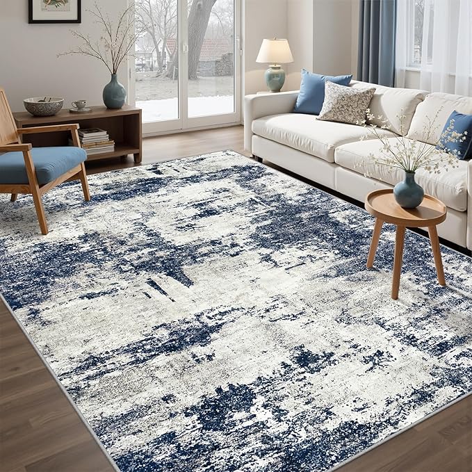 Washable Rug 6x9 Area Rugs: Soft Large Living Room Rug with Anti-Slip Backing Non-Shedding Stain-Resistant Modern Abstract Carpet for Bedroom Dining Room Nursery Home Office-Gray/Blue