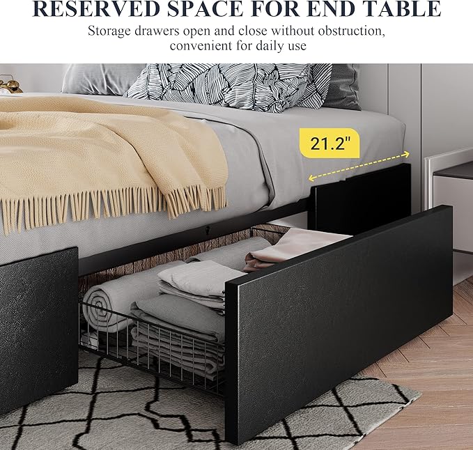 Allewie Full Size Platform Bed Frame with 3 Storage Drawers, Faux Leather Upholstered, Wooden Slats Support, No Box Spring Needed, Easy Assembly, Black