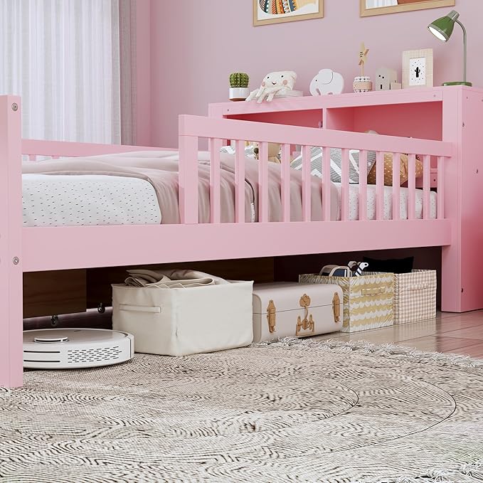 Wood Twin Size Platform Bed with Safety Fence for Kids Boys Girls, Platform Bed Frame with Practical Headboard and 2 Under-Bed Drawers, Sturdy Slats Support (Pink-3.15)