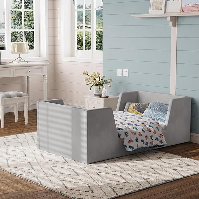 Toddler Bed, Toddler Floor Bed Frame with Guard Rails, Kids Bed for Ages 2-6 Years, Certified Fabric Beds