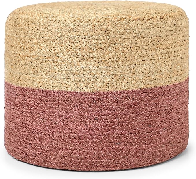 REDEARTH · Cylindrical Pouf Foot Stool Ottoman - Jute Braided Pouffe Poof Accent Sitting Footrest for Living Room, Bedroom, Nursery, Patio, Lounge & Other Rooms (Natural Rust, 18"X18"X14")