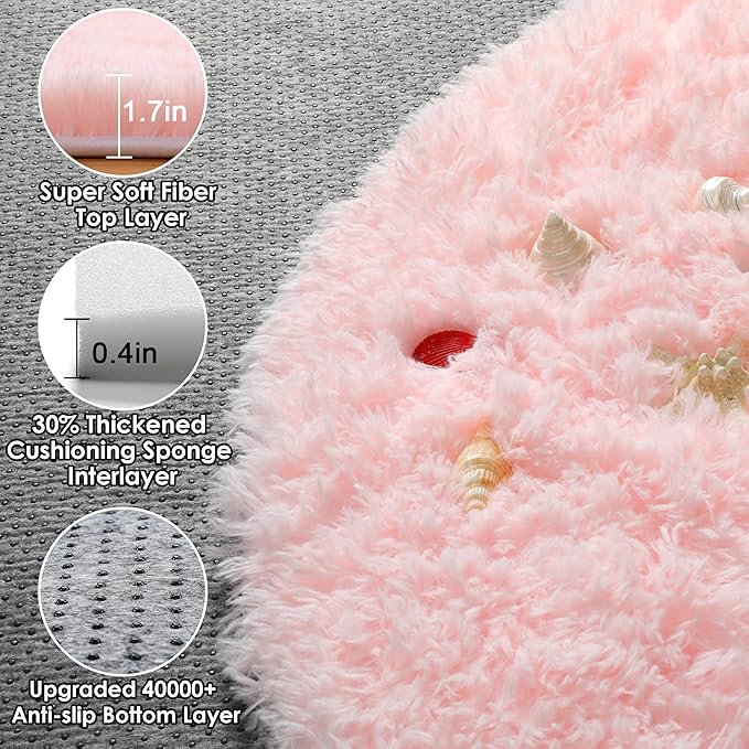 ONASAR Light Pink Round Area Rugs 5ft for Bedroom Living Room, Washable Fluffy Circle Rug for Kids Girls Boys Teen, Soft Plush Shaggy Carpet for Nursery Dorm Classroom Playroom Home Decor Aesthetic