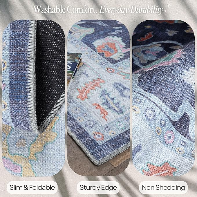Fame Rugs Navy Blue Modern Oushak Rug 2'6"x7', Washable Vintage Turkish Colorful Oriental Antique Inspired Foldable Small Runner Rugs, Luxury Living Room Bedroom (388NB, 2'6" x 7')