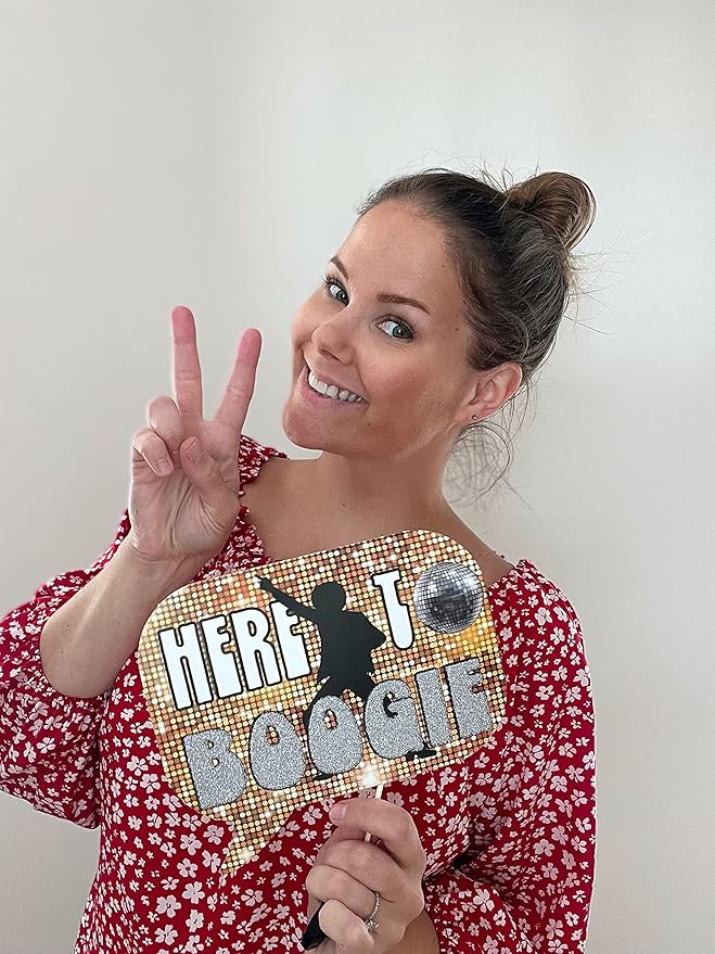 70s Photo Booth Props - 41-pc Disco Photo Booth Kit with 8 x 10-Inch Sign, 60 Adhesive Pads, 45 Sticks - Disco Photo Booth Props - 70's Party Props - 70s Decorations