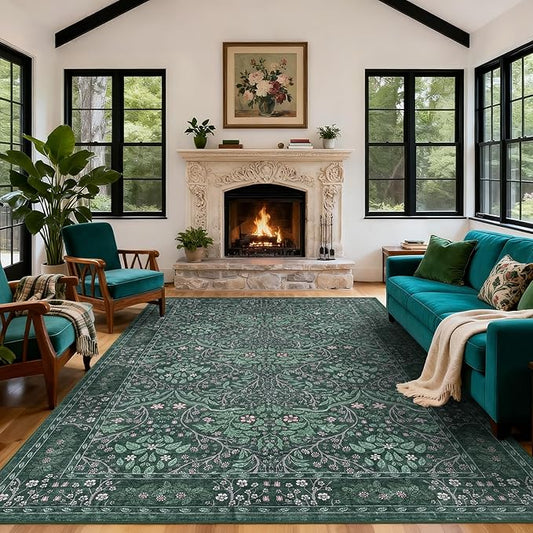 Washable Area Rug 9x12 Living Room Rug,Dark Green Rug for Dining Room Entryway Bedroom Farmhouse Nursery Home Office,Low Pile Stain & Slip Resistant Large Carpet for Bedroom