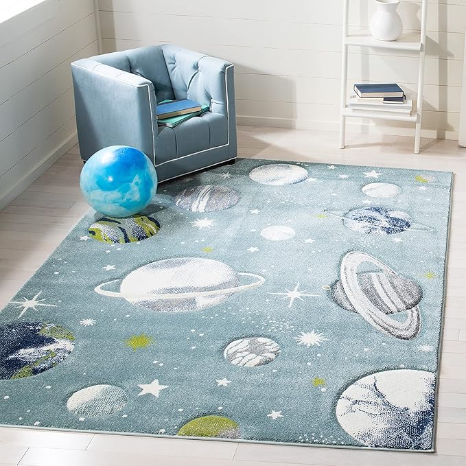 SAFAVIEH Carousel Kids Collection Area Rug - 6'7" x 9', Teal & Ivory, Non-Shedding & Easy Care, Ideal for High Traffic Areas for Boys & Girls in Playroom, Nursery, Bedroom (CRK103J)