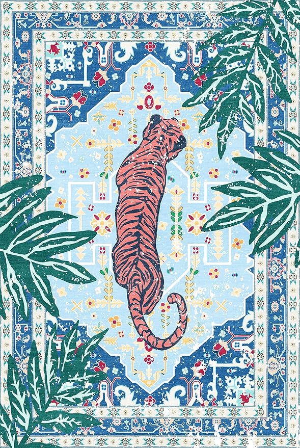 2x3 Washable Non-Slip Blue Tiger Rug for Bathroom Kitchen Entryway Whimsical Animal Cheetah Print Jungle Rug Boho Vintage Soft Cozy Tropical Woodland Small Carpet for Hallway Laundry Room