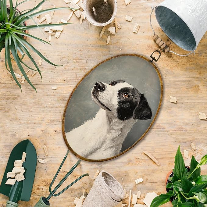 Hiuwevt Vintage Dog Oval Wall Art Decor, Antique Dog Gifts Framed Canvas Prints, Rustic Retro Puppy Oval Wall Hanging Decor for Home Gallery Decorations, 8.6x11.4 Inches