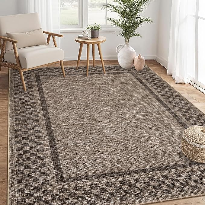 GarveeHome Washable Area Rugs 8x10 Non Slip Soft Large Living Room Rug Modern Checkered Bedroom Rug Soft Geometric Bordered Throw Carpet for Dining Room Home Decor Office Nursery, Brown