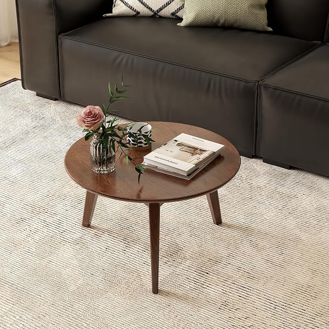 100% Solid Oak Wood Mini Coffee Table, Round Cofffe Tables Side Table w/Solid Wood Legs, Walnut Mid Century Table for Bedroom Balcony Living Room (23.62" D x 13.78" H)