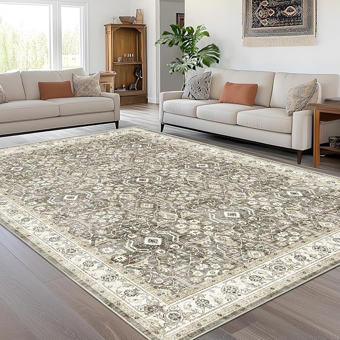 WITSHOCK Living Room Area Rugs 8x10: Washable Rug Boho Soft Non-Slip Low Pile Stain Resistant Foldable Carpet for Bedroom Playroom Dining Room Office Kitchen Farmhouse Home Decor Rug-Brown/Beige
