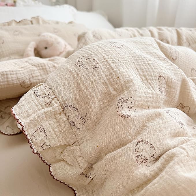 AOJIM Muslin Cotton Kids Duvet Cover with Ruffled Edges for Boys Girls, 1 Piece Soft Pure Cotton Comforter Cover Twin Size 68X86'', Rabbit Kids Bedding Duvet Cover for Room Decor, No Quilt/Pillow