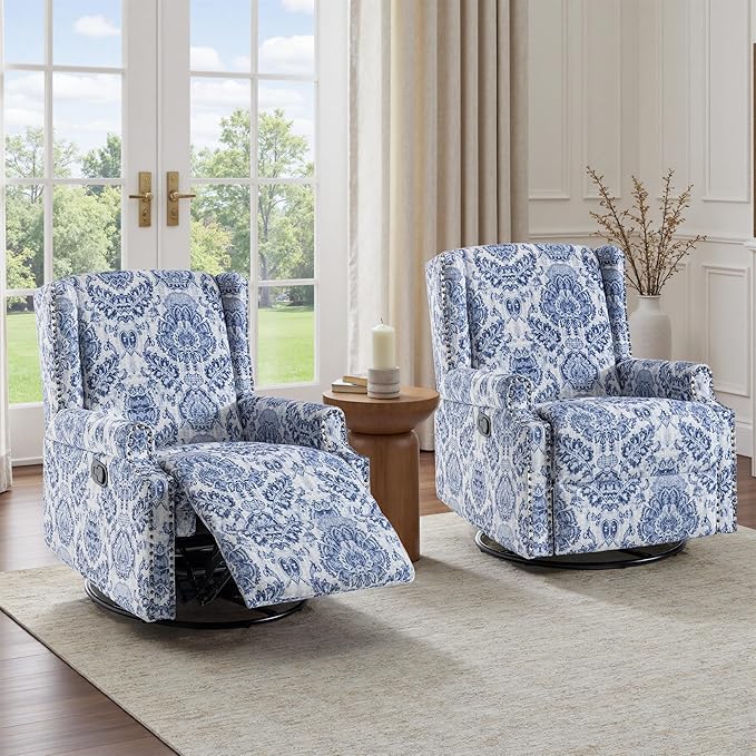 UIXE Floral Swivel Glider Recliner Chairs Set of 2, High Back Nursery Rocker Fabric Accent Chair for Living Room, Rivet Trim Upholstered Armchair Manual Reclining Sofa Seating - Navy Blue