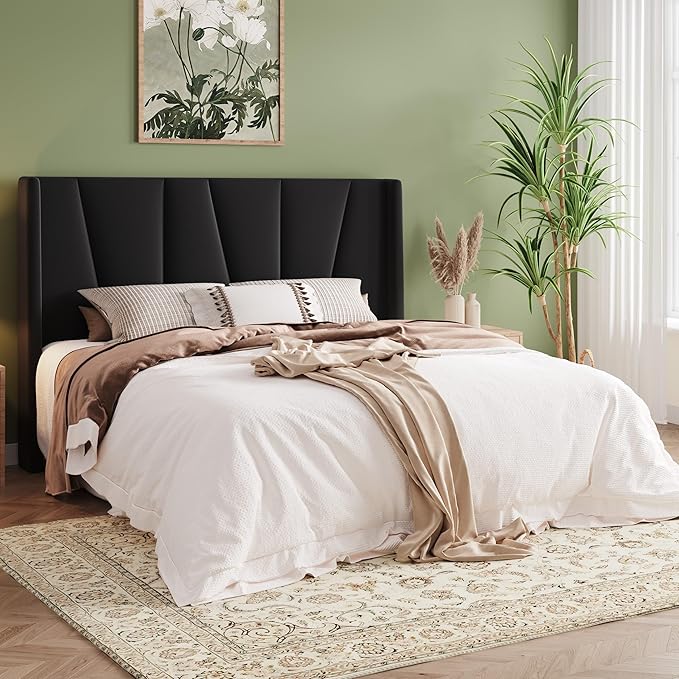 Allewie Full Size Platform Velvet Bed Frame with Geometric Wingback Headboard, Boho Upholstered Bed with Wooden Slats Support, No Box Spring Needed, Easy Assembly, Black