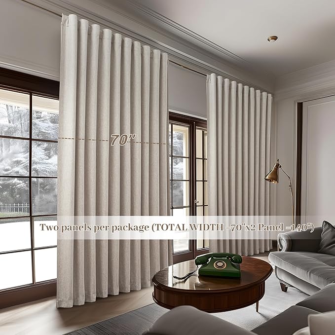 Extra Wide 70 Inch Length Blackout Curtains & Drapes 108 Inches Long 2 Panels Set for Sliding Glass Doors,Modern Pleated Linen Blend Heavy Floor to Ceiling Large Window Drapes 70"W x 108"L 2 Panels