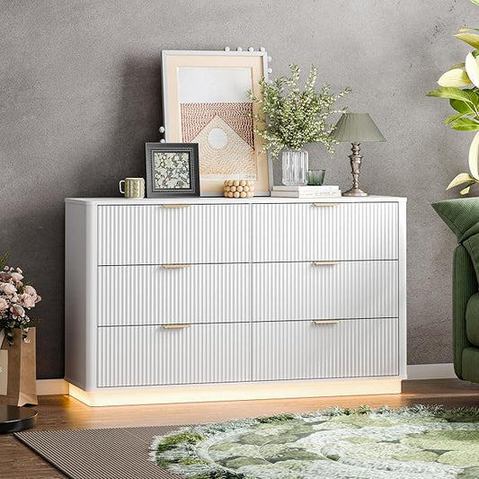 Fluted Dresser for Bedroom with 6 Drawers, 54" Wide Modern Chest of Drawers with Lighting, Wooden Dresser TV Stand with Curved Edges, Closet Organizer for Living Room, Hallway,White