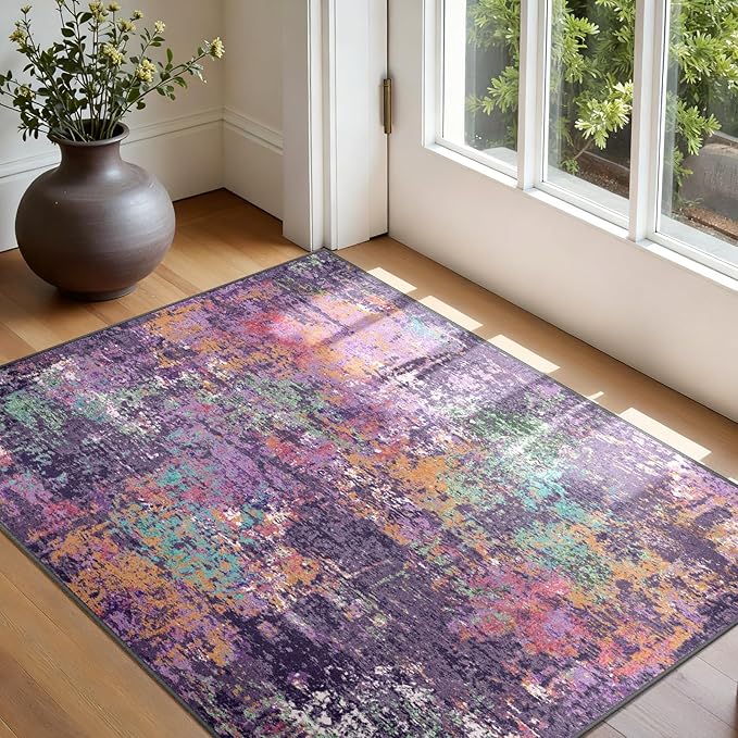 Washable Area Rugs 3'x5' Non-Slip Modern Abstract Soft for Living Room Entryway Bedroom Nursery, Print Pattern, Purple Orange Blue Green Rust Red Colorful