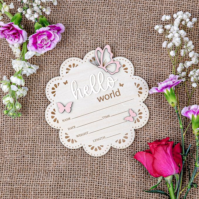 Baby Announcement Sign Butterfly, 6.5 Inch Wooden Hello World Newborn Welcome Sign Birth Baby Name Plaques for Photo Props Baby Shower Hospital Nursery BABY3