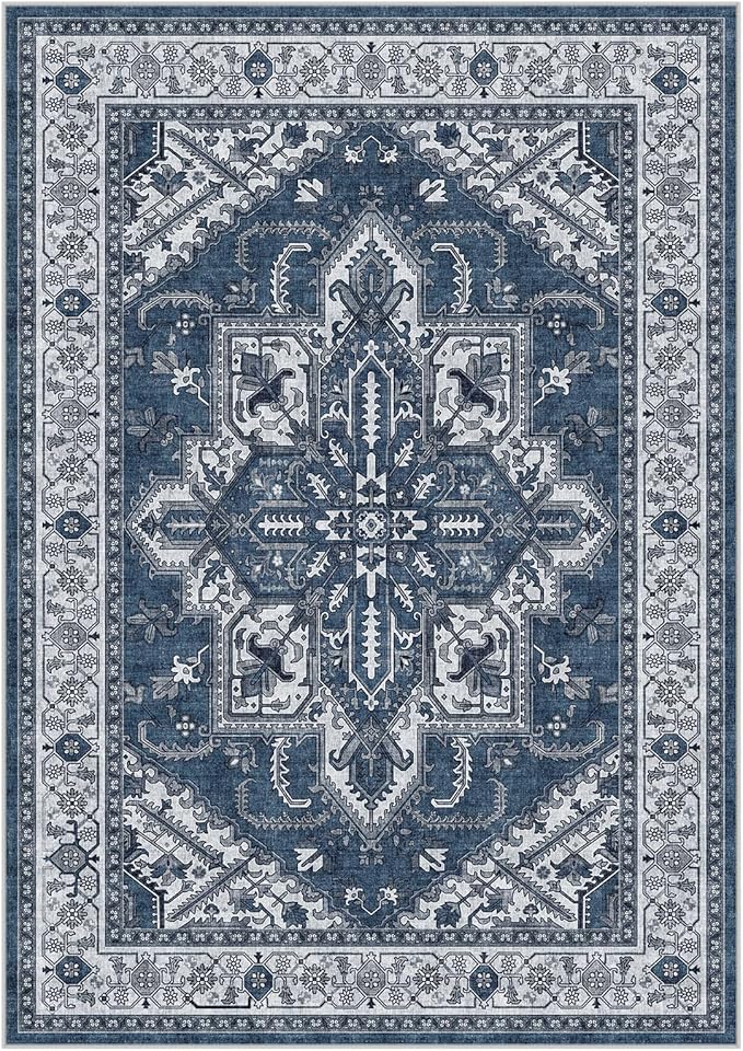 WITSHOCK Living Room Area Rugs 10x14: Washable Rug Boho Soft Non-Slip Low Pile Stain Resistant Foldable Carpet for Bedroom Playroom Dining Room Office Kitchen Farmhouse Home Decor Rug-Blue