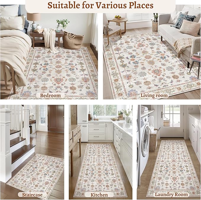 Tangsoo 2x5 Runner Rug Hallway Washable Carpet Runner Non Slip Boho Vintage Floral Soft Low-Pile Indoor Rug for Entryway, Kitchen, Bedroom, Laundry, Bathroom (Sturdy Edge Hallway Runner)