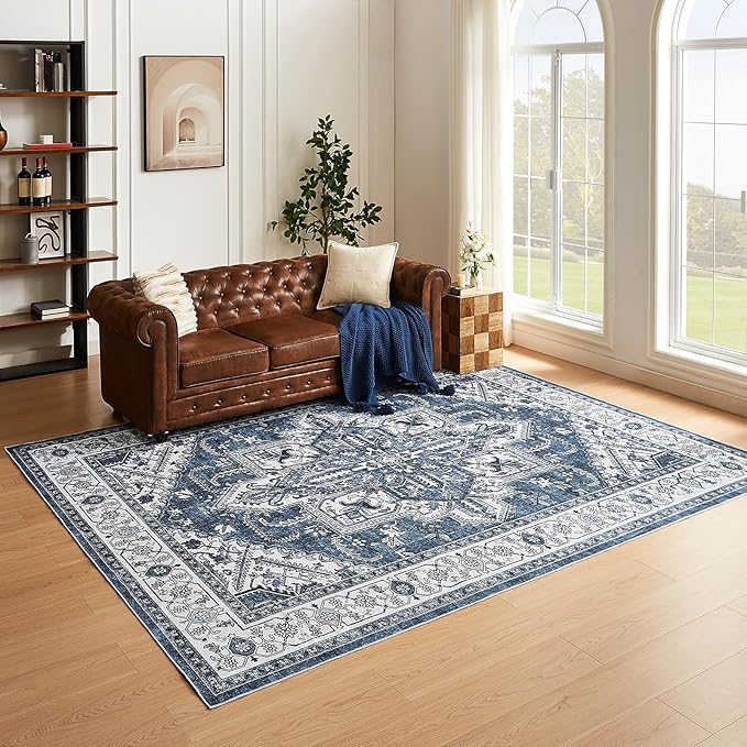 WITSHOCK Living Room Area Rugs 8x10: Washable Rug Boho Soft Non-Slip Low Pile Stain Resistant Foldable Carpet for Bedroom Playroom Dining Room Office Kitchen Farmhouse Home Decor Rug-Blue