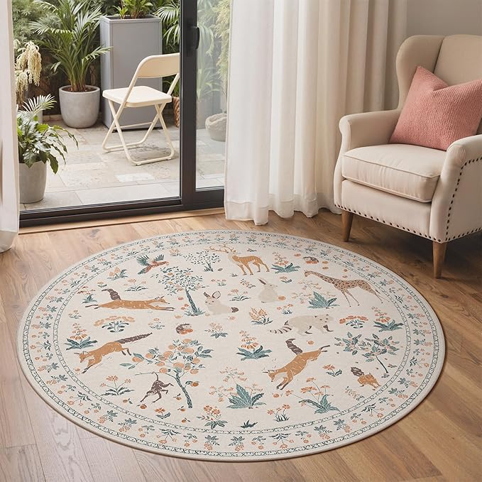 Round Rug 5FT Washable Circle Rug Non Slip, Floral Animal Print Low Pile Small Round Rug for Bedroom, Entryway,Dining Room,Playroom, Beige