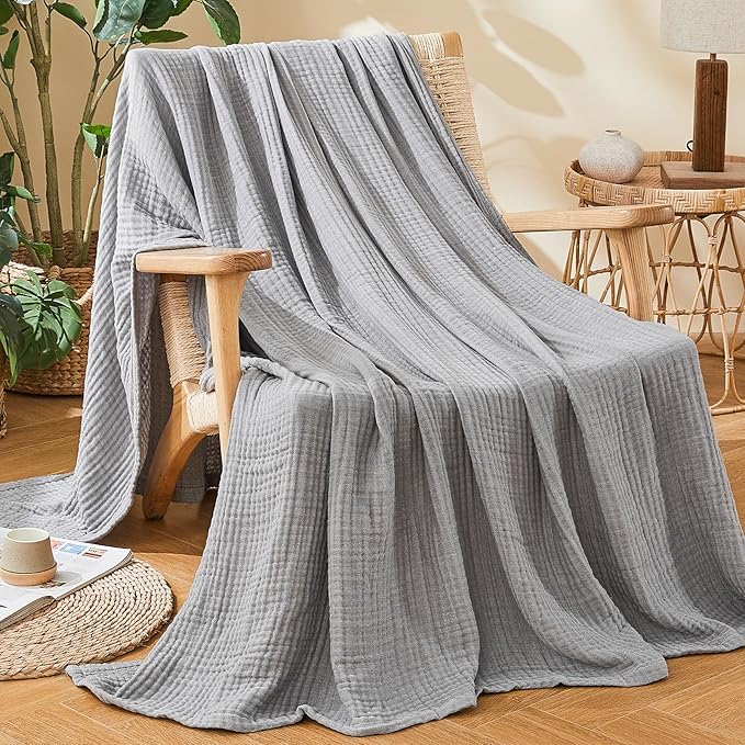 EMME Cotton Muslin King Blanket Bed Layering Bedspread Coverlet Breathable Gauze Soft Lightweight Blankets (Heather Grey, 108"x90")