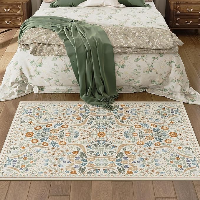 3x5 Floral Washable Area Rug for Kitchen, Non-Slip Soft Vintage Boho Carpet, Botanical Forest Beige Small Low Pile Rugs for Bedroom, Entryway, Home Office, Dorm, Beige
