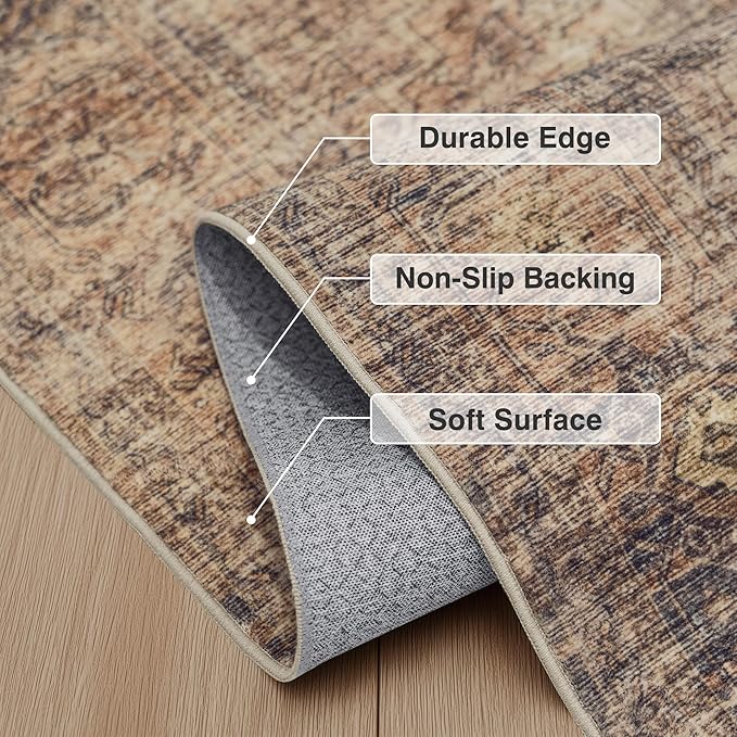 Fmfunctex 6x9 Washable Area Rug Rust Brown Vintage Neutral Distressed Oriental Large Non Slip Carpet for Living Room Bedroom Soft Low Pile Indoor Retro Throw Rug for Dining Room Kitchen Office Nursery