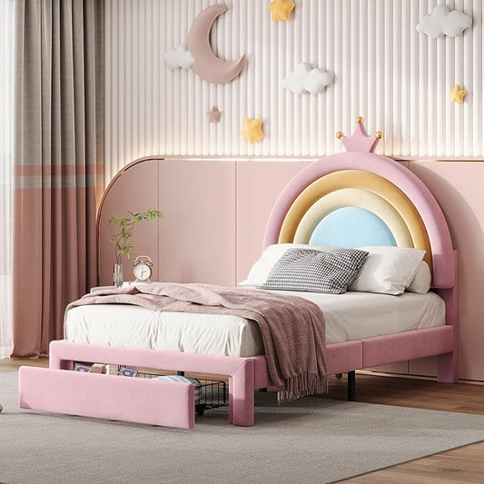 LUMISOL Princess Bed Frames for Kids,Twin Rainbow Bed Frame with Drawers, Upholstered Platform Bed, Velvet Bed for Girls, Fits Standard Twin Mattress, Pink