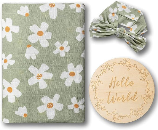 Miaoberry Daisy Garden Spring Floral Muslin Swaddle Set for Baby Girl|100% Organic Cotton Blanket with Matching Bow|Boho Indie Vintage Sage Green|Hospital Receiving Blanket