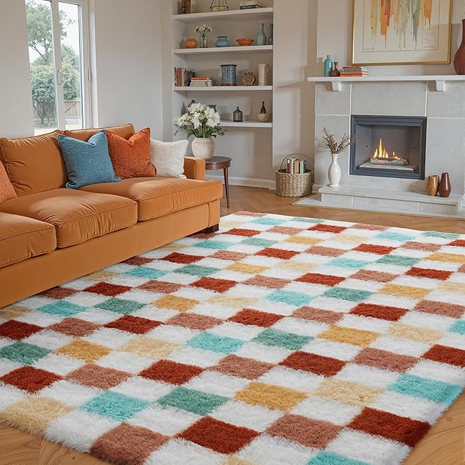 Checkered Rug 6x9 for Living Room, Colorful Modern Shag Rug Washable Non-Slip Large Area Rug Super Soft Indoor Fuzzy Carpet Fluffy Rugs for Bedroom Home Aesthetic Decor
