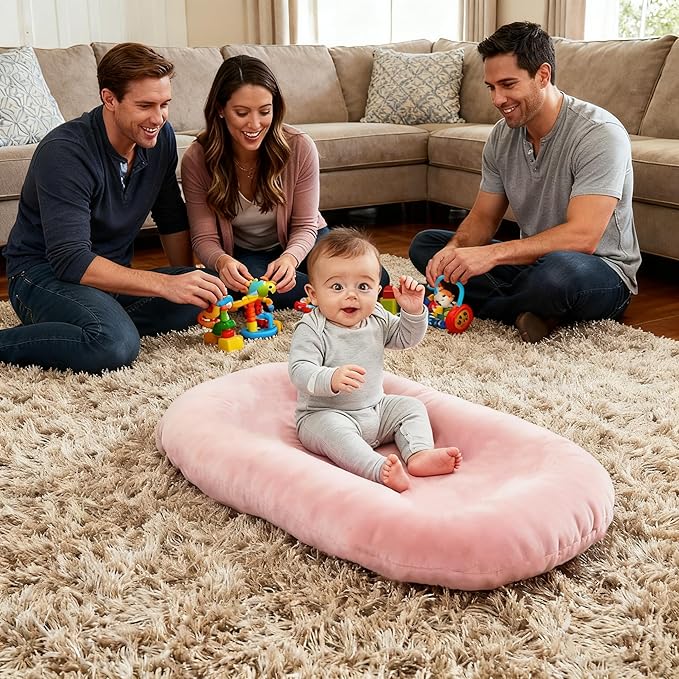 Baby Lounger 0-24 Months 100% Cotton-Snuggle Cozy Me Lounger,Soft & Breathable Tummy Time Mat for Newborn Infant Play Mat,Babies Essentials Gifts,Pink(Lounger Cover Included)
