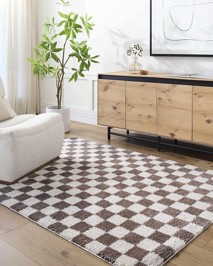 Hauteloom Canika Modern Checkered High Pile Runner Rug - Contemporary Geometric Carpet for Hallway, Kitchen - Machine Washable Area Rug - Peach, Dark Brown - 2'7" x 7'3"