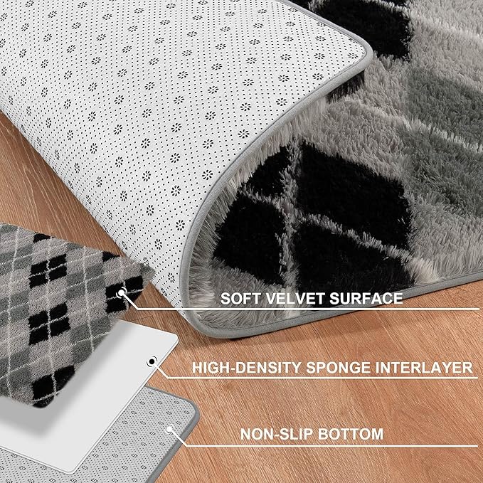 Meralax Black and Grey Checkered Area Rug, Geometric 4x6 Soft Fluffy Rugs for Living Room Bedroom, Machine Washable Shaggy Rugs Indoor Floor Carpet for Kids, Girls, Dorms, Home Decor Aesthetic
