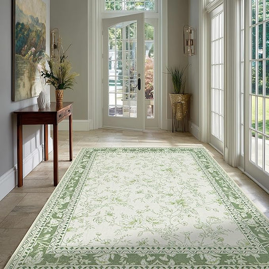 Green 4x6 Small Rug for Living Room Cream Beige and Sage Green Area Rug for Kitchen, Bedside, Dining Room, Laundry, Large Entryway Indoo Non Slip with Rubber Backing, Boho Aethestic Farmhouse D閏or