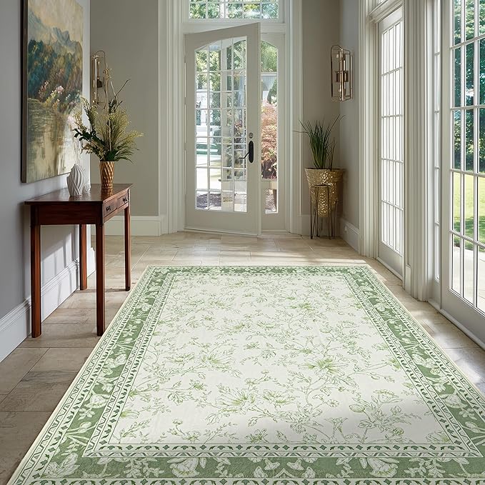 Green and Cream Area Rug 3x5 for Entryway Machine Washable Small Rug for Indoor Kitchen Bedroom Low Pile Vintage Peony Floral Print for Dining Living Room Non-Slip Sage Light Green Boho Decor