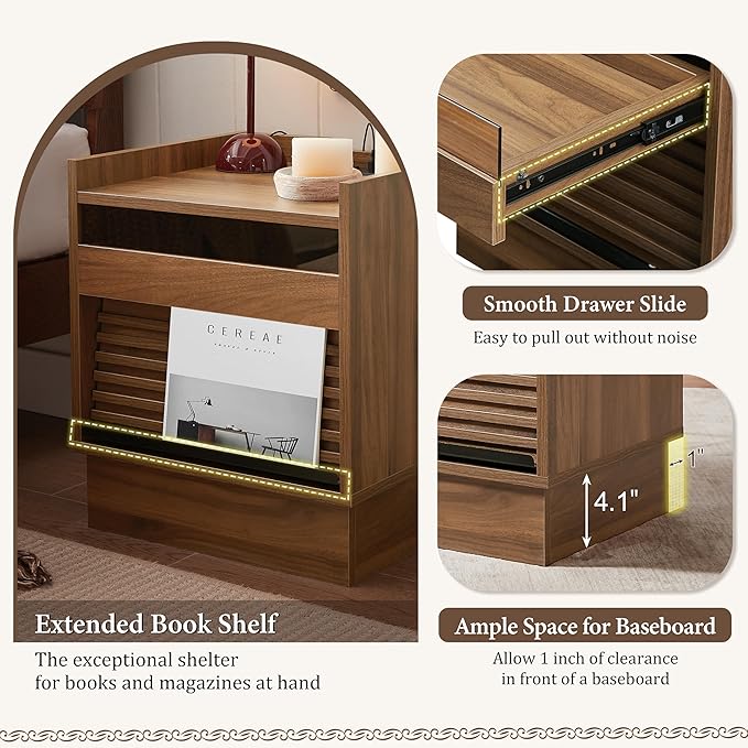 Mid Century Modern Nightstand with Charging Station and LED Lights, Bedside Table with 2 Drawers & Open Shelf, Smart End Table for Bedroom or Living Room (Brown+LED)
