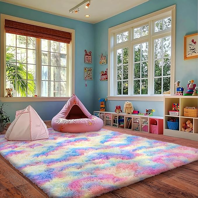 Rainbow Rug for Girls Bedroom, 4x6 Area Rug for Cute Girls Room, Bedside Indoor Floor Fluffy Shag Carpet, Plush Soft Rug for Living Room Nursery Dorm Home Decor