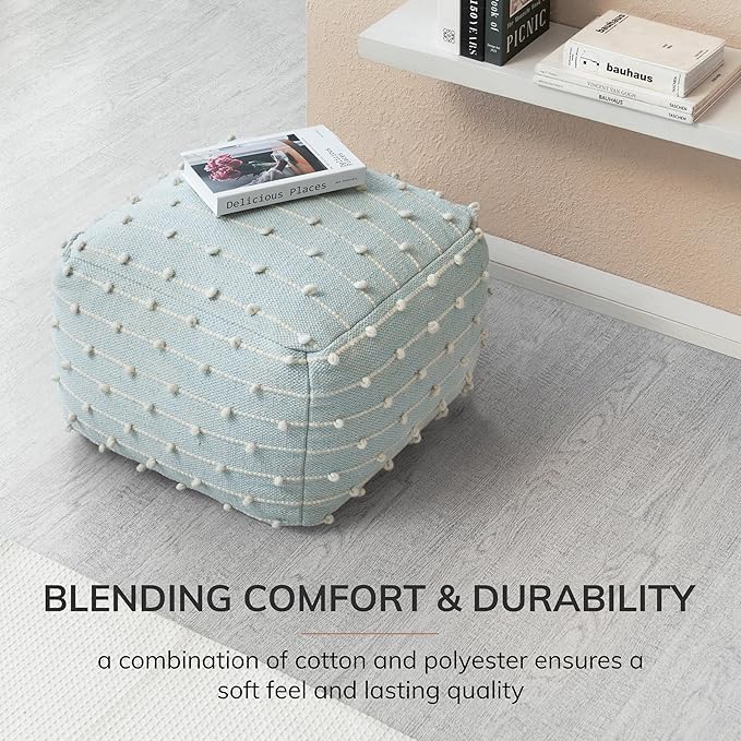 Anji Mountain 100% Handmade & Handcrafted Comfortable Home Décor Pouf Ottoman Footrest for Living Room, Bedroom, Nursery, Kidsroom, Patio Furniture - (22" x 22" x 16"- Teal,Ivory)