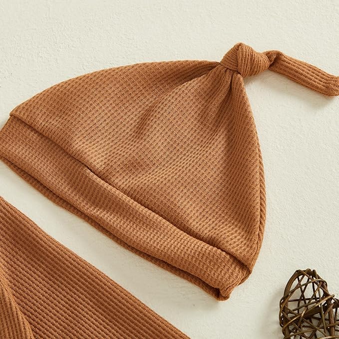 Hello I'm New Here Newborn Outfit Boy Letter Embroidery Waffle Knit Long Sleeve Footed Jumpsuit Coming Home Outfit Hat