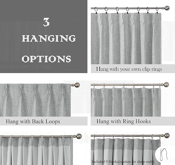 Grey Pinch Pleated Blackout Curtain Panel with Full Blackout Liner Linen Texture Thermal Insulated Window Treatment Set with Back Tab for Farmhouse Bedroom Energy Efficient Drape with Hooks, 40"x90"x2